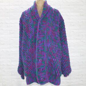 HAND CRAFTED Crochet Heavy Winter Coat Purple Burgundy Green Oversized Large